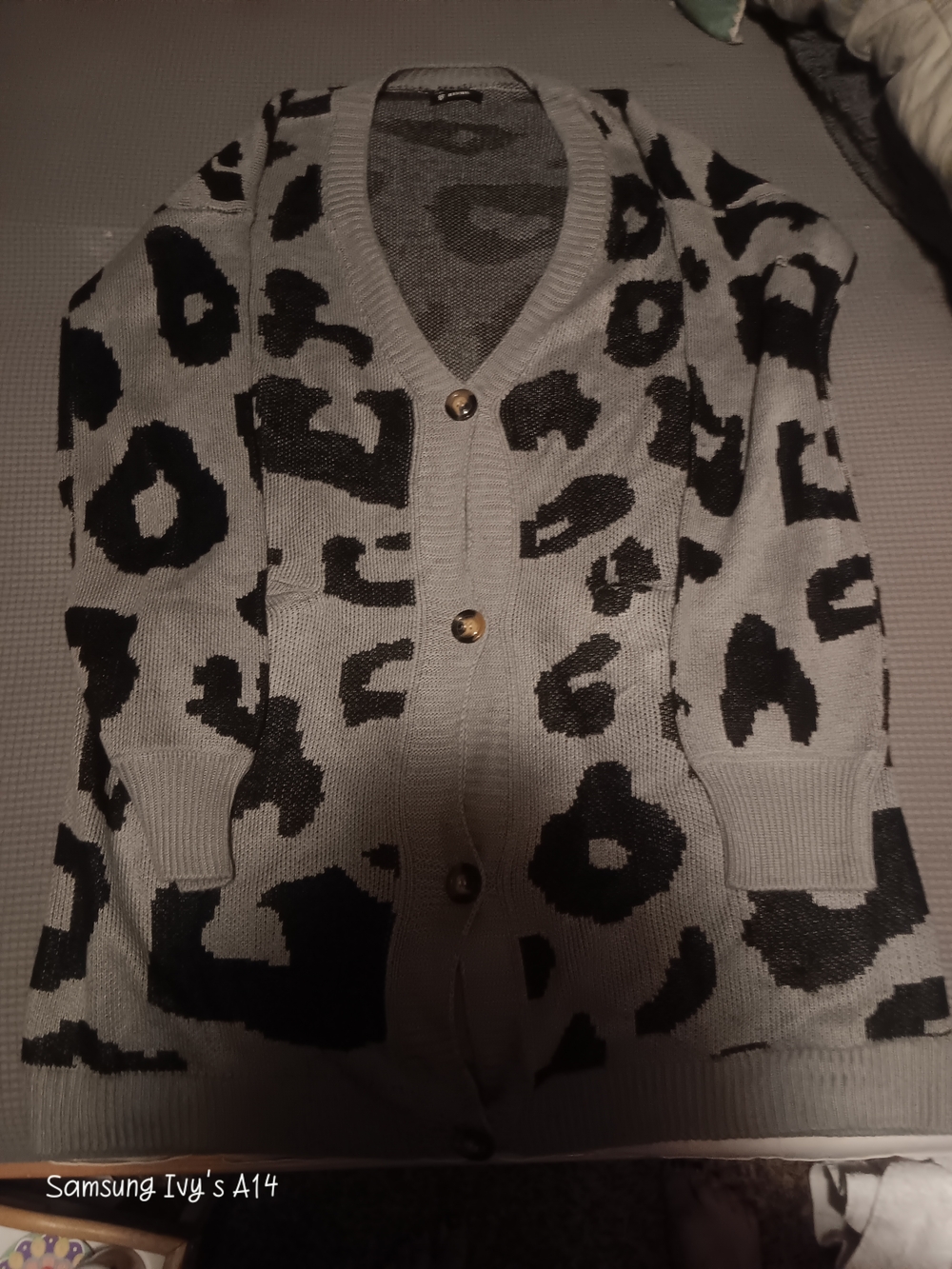 Leopard-Print V-Neck Button Cardigan - Gray/Black - Picture 2 of 3